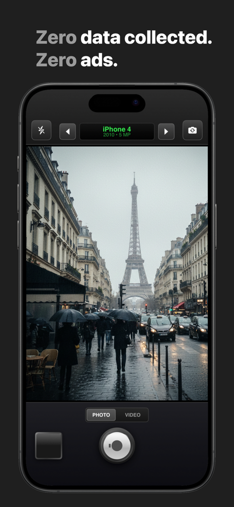 2000s app interface displaying an iPhone 4 vintage camera filter on a photo of the Eiffel Tower