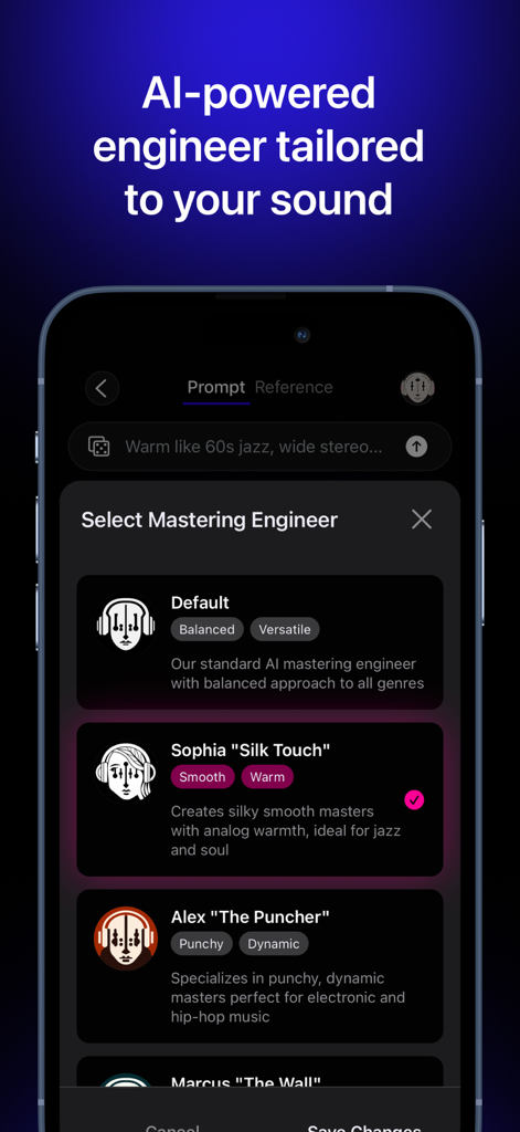Audio Mastering - SoundBoost - Interface of SoundBoost app displaying multiple AI mastering engineer profiles to tailor music sound