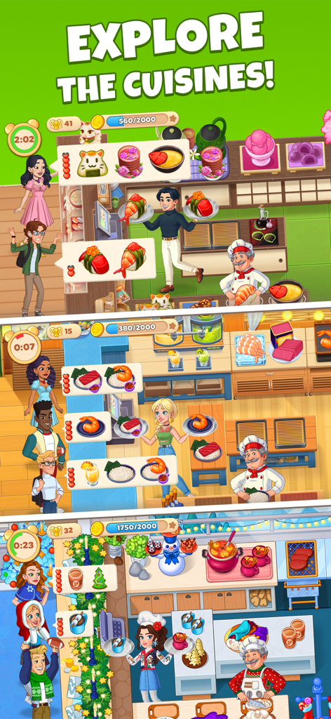 Three different gameplay scenes from Cooking Diary showing Japanese sushi, seafood, and winter holiday restaurant themes.
