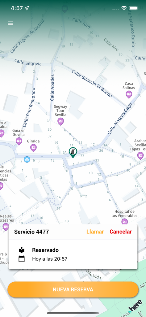 1Taxi! - 1Taxi app interface showing a taxi reservation confirmation on a map of Seville