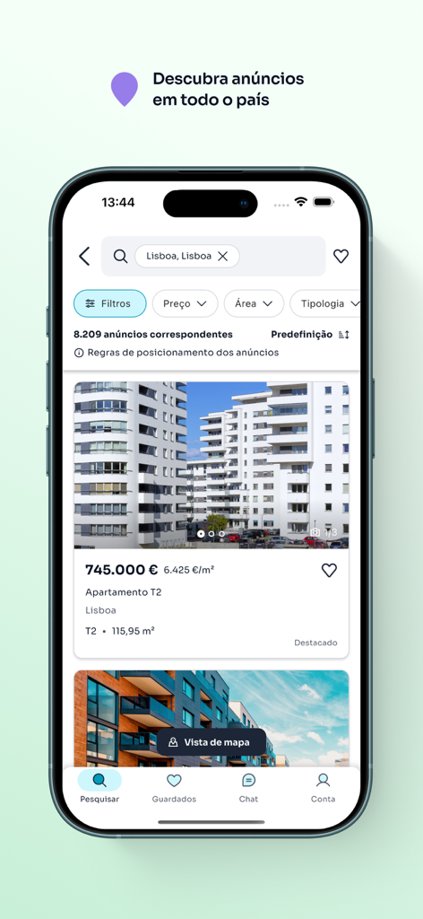 Aplicación móvil Imovirtual que muestra listados de bienes raíces de apartamentos en Lisboa, Portugal