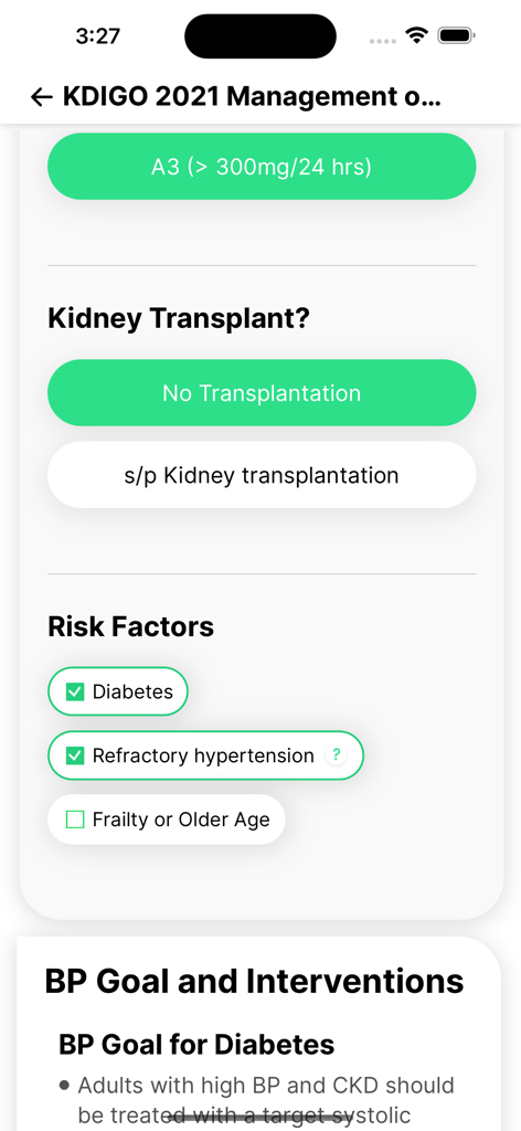 AvoMD - AvoMD app interface showing an interactive clinical decision tree for KDIGO 2021 kidney management guidelines.