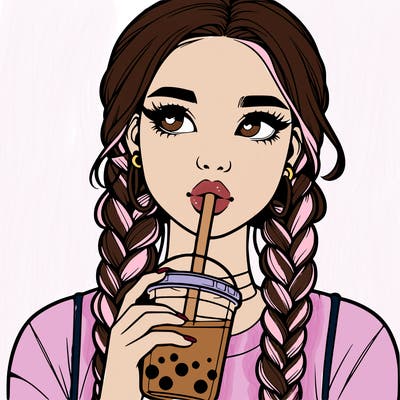 realistic girl with braided hair drinking boba