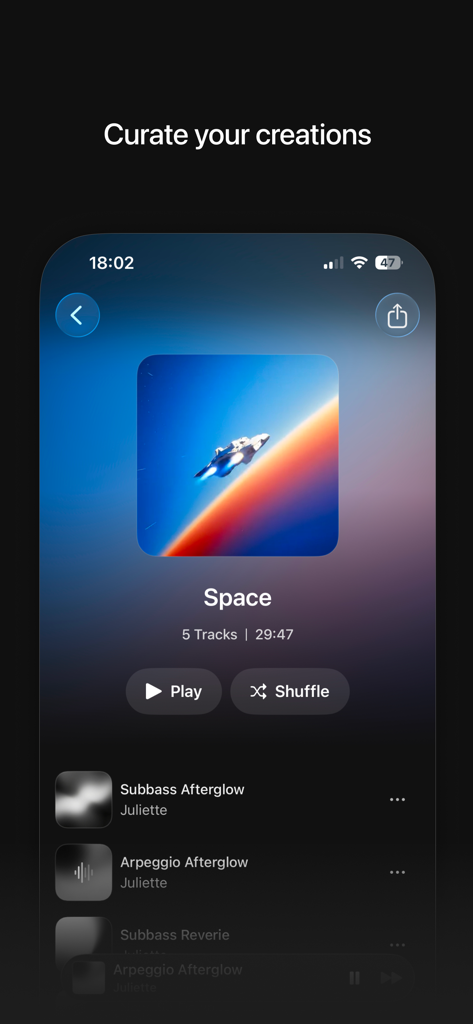 ElevenMusic by ElevenLabs - ElevenMusic mobile app interface showing a curated music playlist titled Space with a list of original tracks