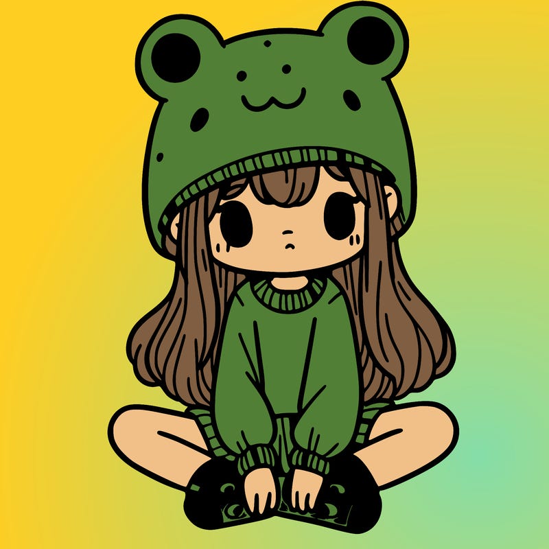 a girl wearing a frog hat and some frog socks