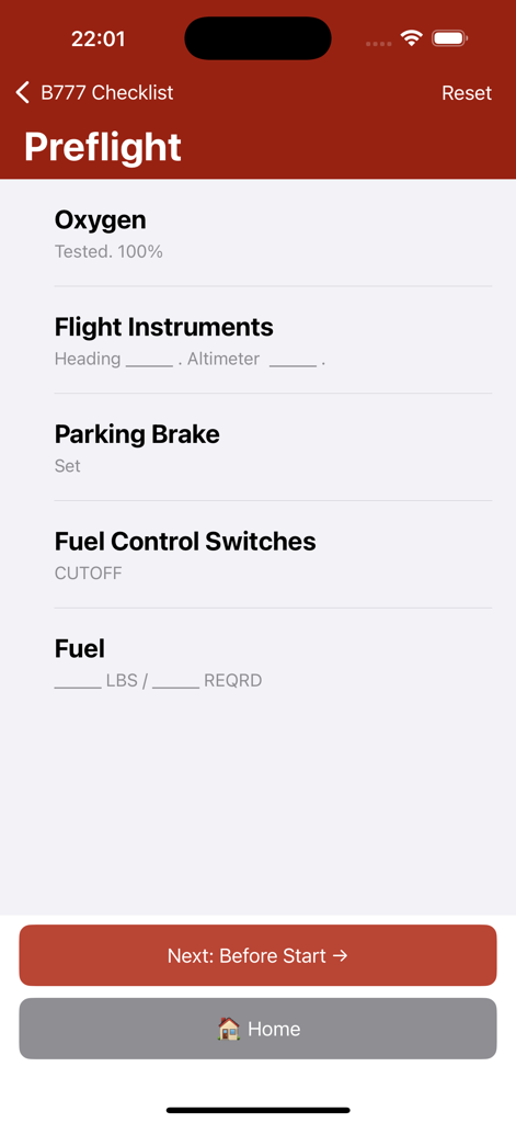 Preflight checklist interface for Boeing 777 flight simulation showing oxygen and fuel checks