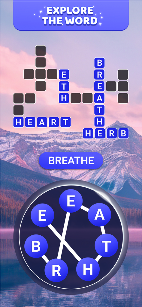 Word Bliss - from PlaySimple - Gameplay of Word Bliss showing a crossword puzzle over a serene mountain lake landscape.