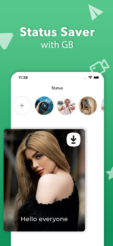 GB What+ : Dual Messenger chat - GB What+アプリのインターフェース。ステータスセーバー機能が表示され、ユーザーのステータスのギャラリーと写真投稿のダウンロードオプションがあります。