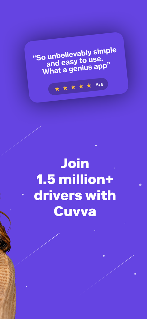 Cuvva - Screenshot da app Cuvva com um testemunho de utilizador de 5 estrelas e uma mensagem a afirmar que mais de 1,5 milhões de condutores aderiram à plataforma.
