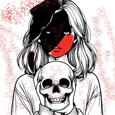 realistic girl holding a skull