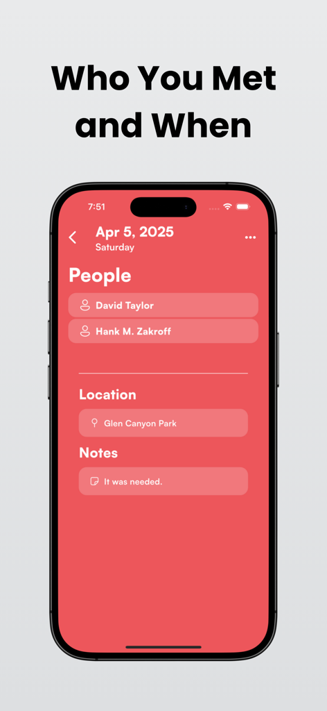 Meetlist: Meetup Tracker - Uma captura de tela da interface do aplicativo Meetlist exibindo um encontro social registrado com amigos específicos, um local e uma nota pessoal para uma data específica.