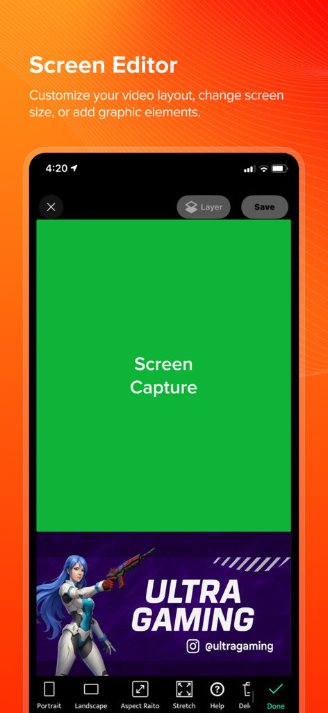 Bildschirm-Editor-Schnittstelle der Live Now App zum Anpassen von Live-Stream-Layouts mit Gaming-Overlays