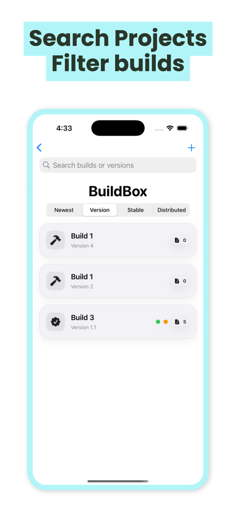 BuildBox interface for searching and filtering project builds by version and stability