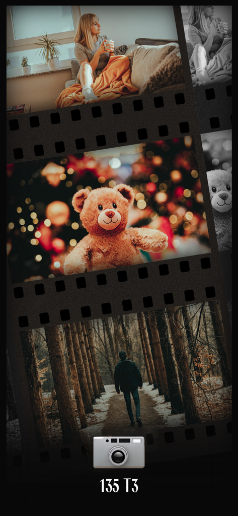 Una vista previa de tira de película de tres fotos con efectos de cámara digital vintage de CCD CAM.