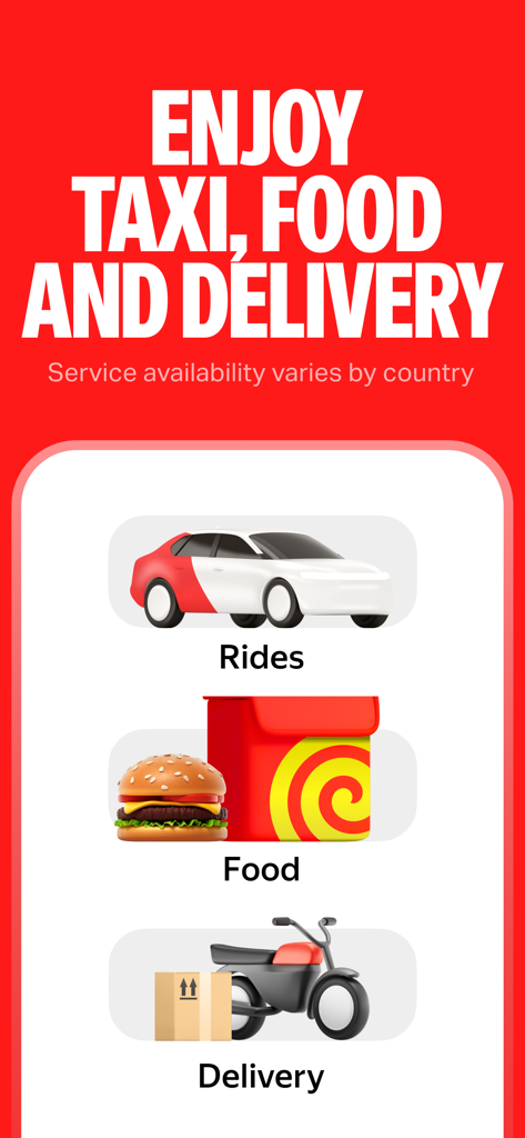 Yango app interface highlighting taxi rides, food delivery, and courier services.