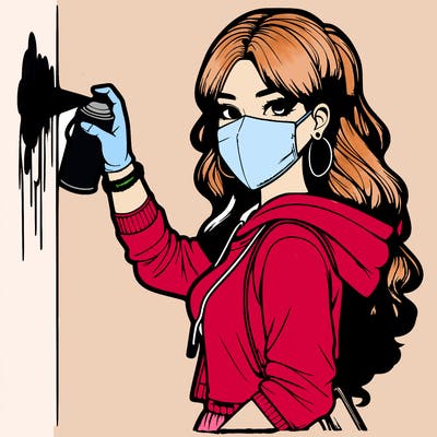 realistic girl with mask spray painting a wall