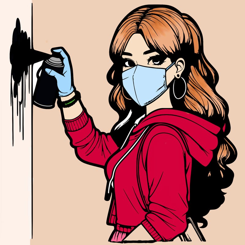realistic girl with mask spray painting a wall