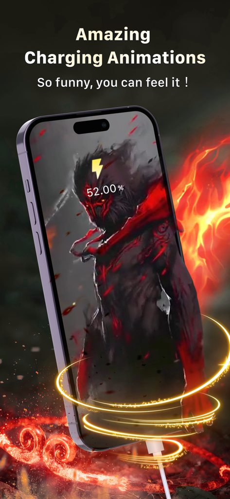 Magic Charger-Charge Animation - iPhone screen showing a custom charging animation with a dark anime character and fiery red highlights