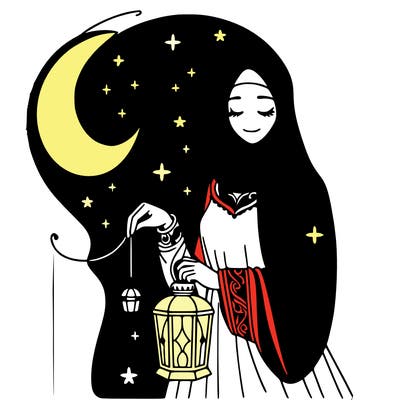 a woman wearing an abaya and holding a lantern in the month of ramadan and there is a crescent moon