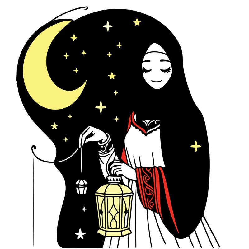 a woman wearing an abaya and holding a lantern in the month of ramadan and there is a crescent moon