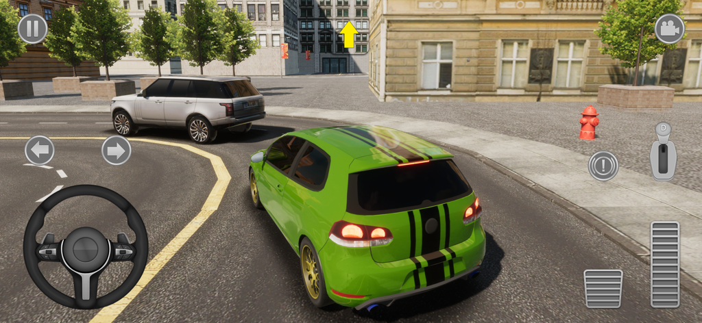 City Car Driving - Gameplay of City Car Driving showing a customized green car on a city street with mobile steering and pedal controls