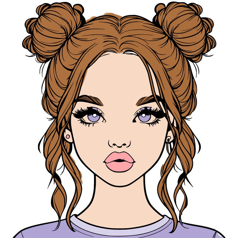 realistic girl with two buns in hair and lips