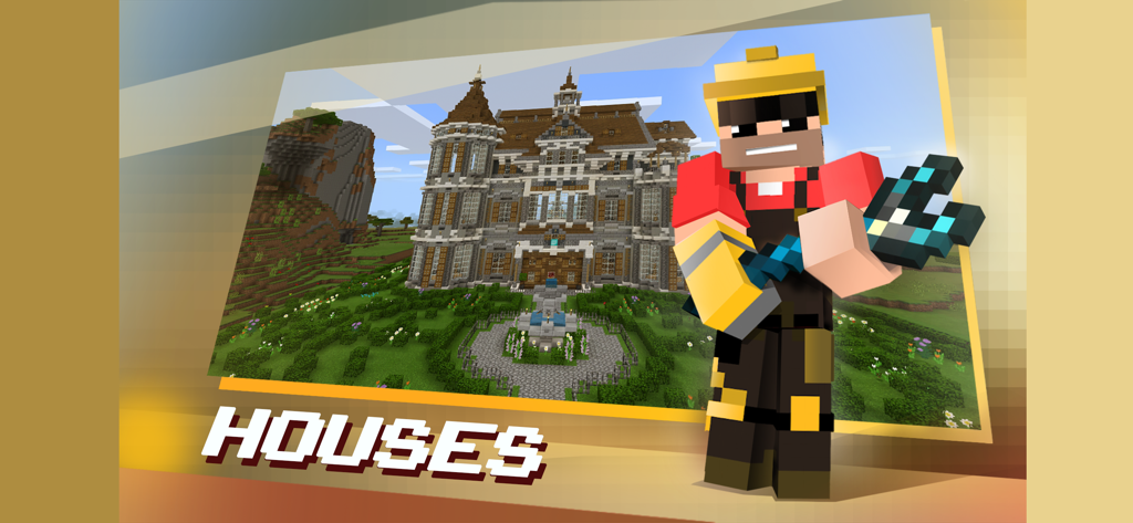 Mods, Skins for Minecraft PE - 壮大なMinecraftマンションマップとカスタムビルダーキャラクターのスキン。