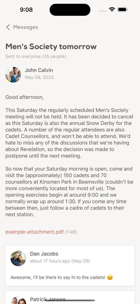 Church Social - The Church Social app messages screen showing a community post about a meeting and member comments