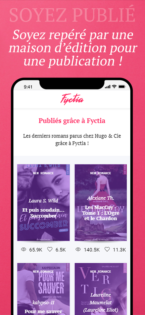 Fyctia - Screenshot of the Fyctia app showing romance novels published through the platform with reader engagement stats