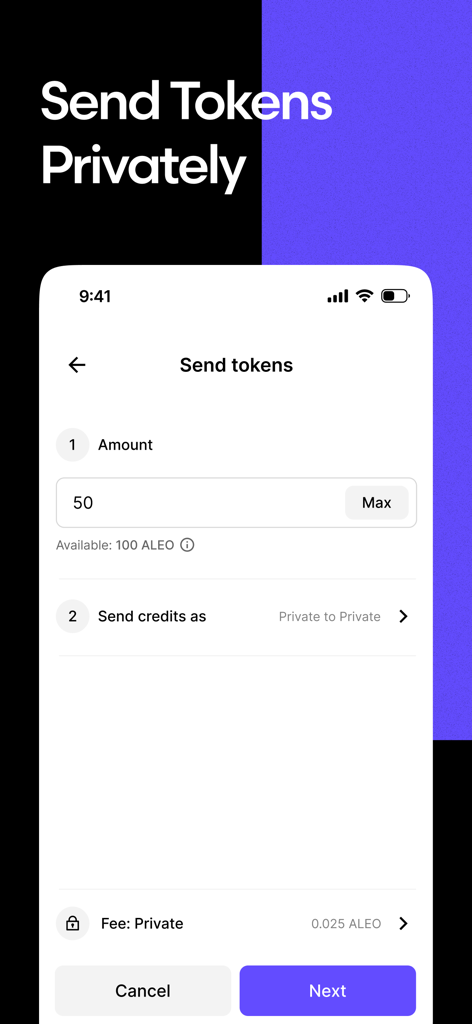 Interfaccia dell'app Leo Wallet che mostra la schermata di invio token per transazioni private sulla blockchain Aleo.