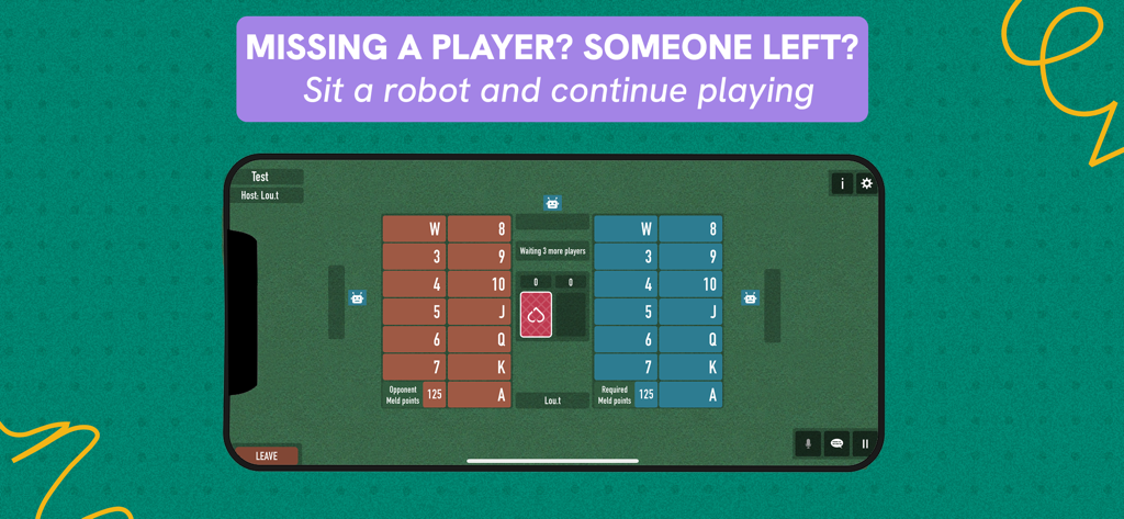 Canasta Junction game interface showing how AI robots can fill in for missing players at the table.