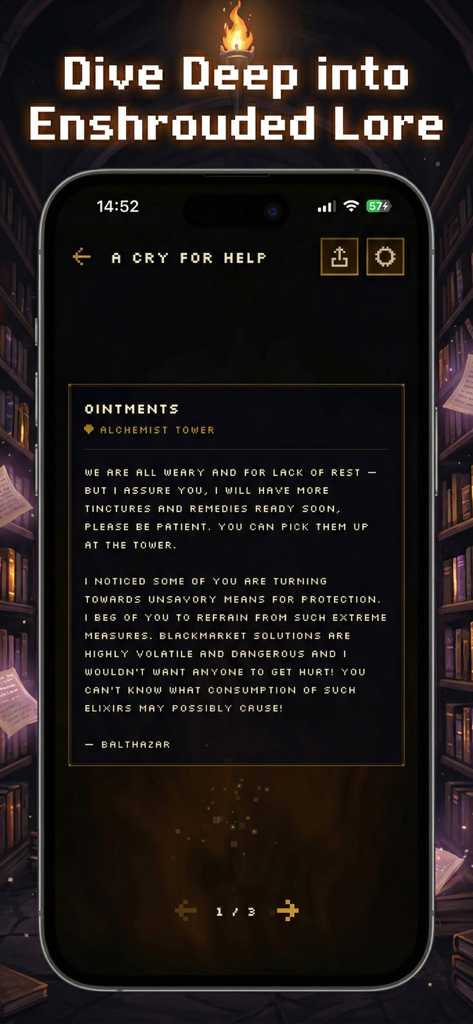 Companion for Enshrouded - Una captura de pantalla de la aplicación Compañero para Enshrouded que muestra la sección de lore e historia con un tema de pixel art oscuro.