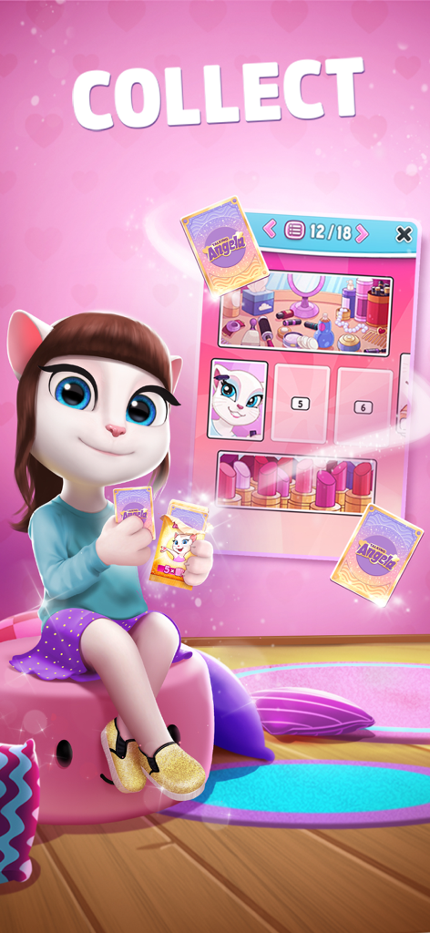 My Talking Angela - Talking Angela holding sticker packs in front of her special sticker album
