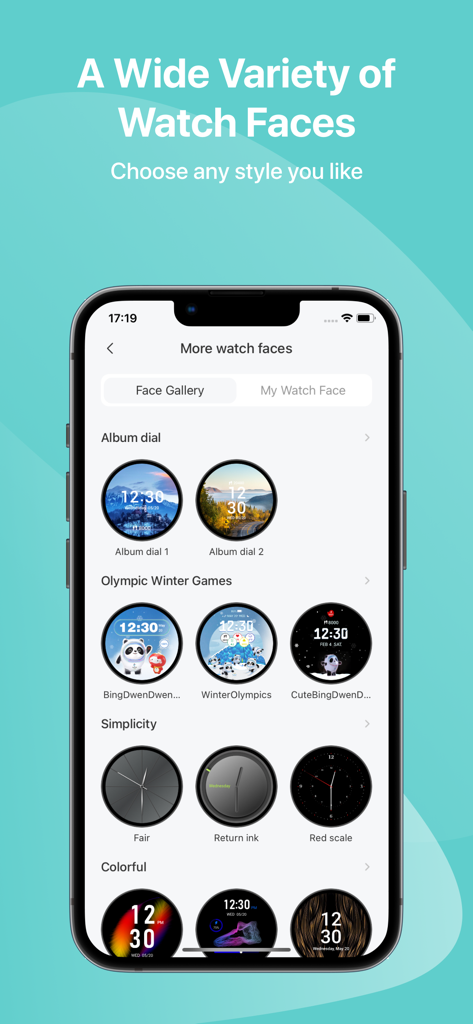 Una amplia selección de estilos de esferas de reloj en la aplicación complementaria Halo-Fit