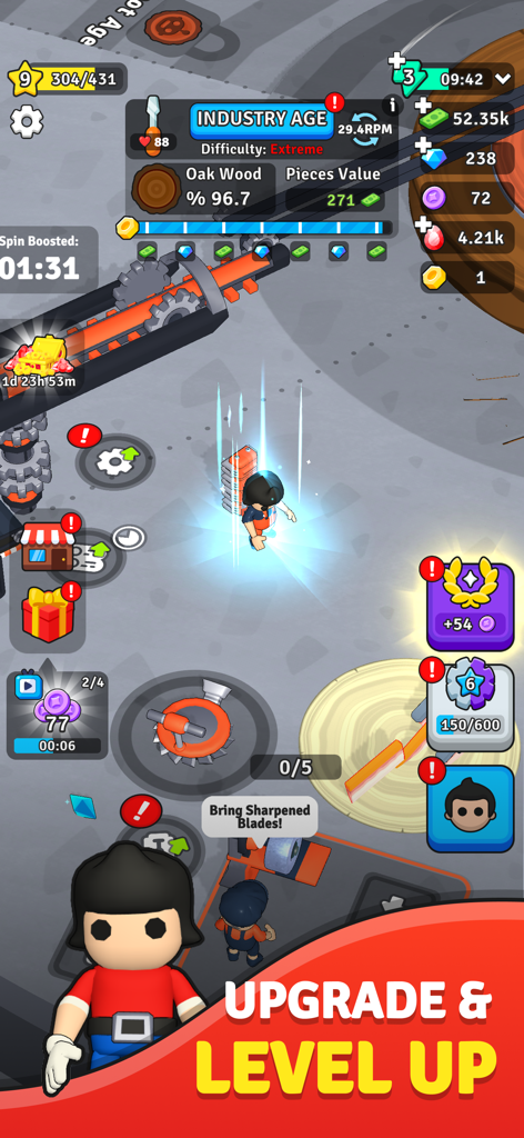 Carve Quest - Carve Quest mobile game interface showing industry age workshop with upgrade and level up text