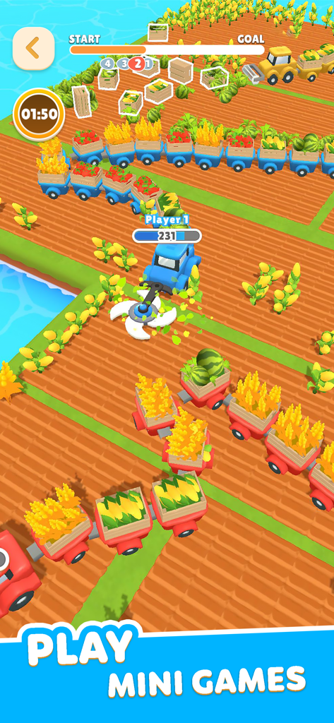 A blue tractor harvesting colorful crops in a farm mini game