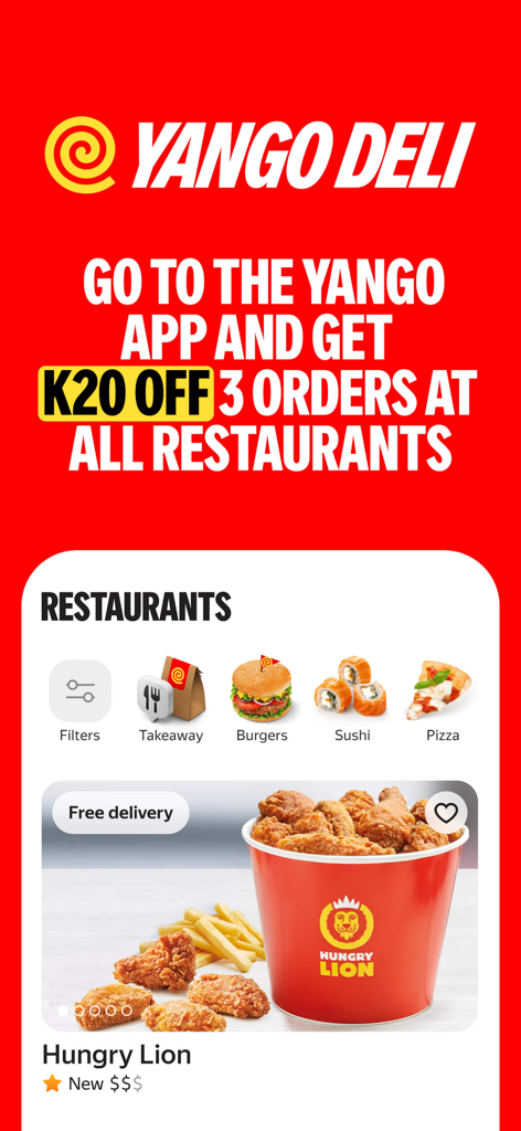 Yango Deli: food delivery - Yango Deli app screen showing restaurant categories and a food delivery discount offer