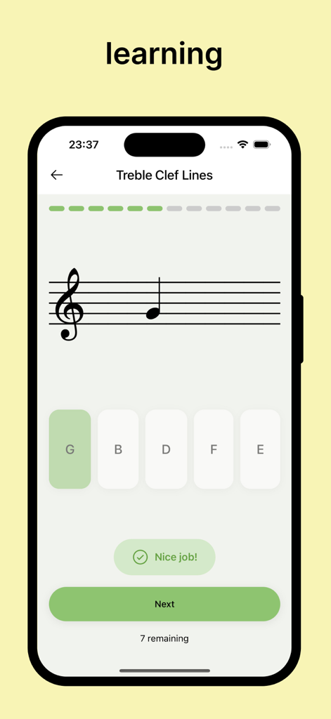 Piano Sheet Notes - A treble clef note identification quiz screen in the Piano Sheet Notes app showing a correct answer for the note G
