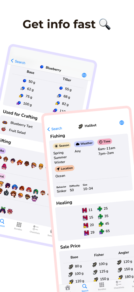 Assistant for Stardew Valley - Mobile app screens showing detailed item information for crops and fish including prices and fishing locations.