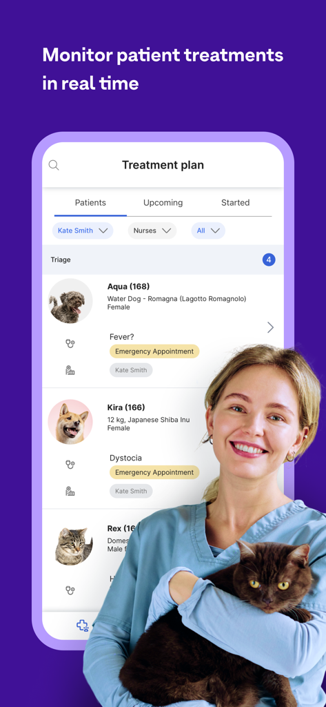 Aplicativo Provet Mobile mostrando um plano de tratamento para pacientes veterinários com um profissional segurando um gato