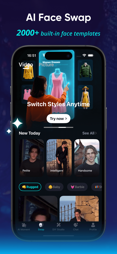 iSwapX - Mobile interface of iSwapX app featuring AI face swap templates and a virtual wardrobe styling banner.