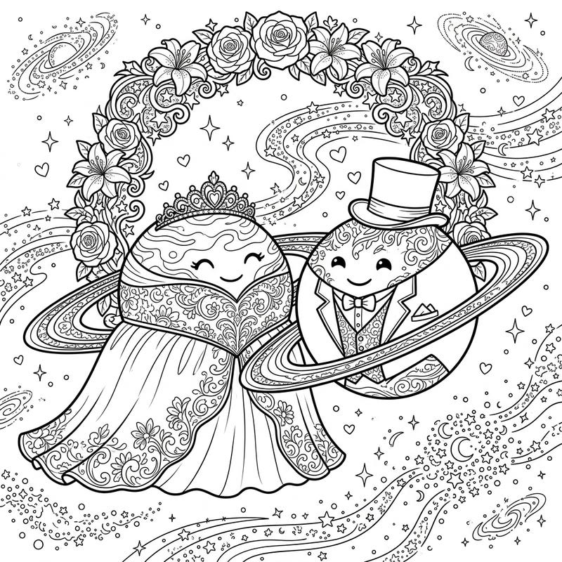 Embark on an interstellar journey of love with this charming adult coloring page featuring planets getting married. Its intricate details and romantic celestial theme offer a delightful and stress-relieving creative escape.