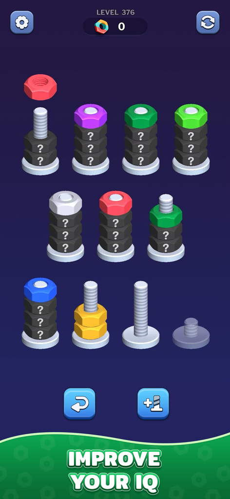 Gameplay of a nut and bolt color sorting puzzle featuring hidden colors and brain training challenges