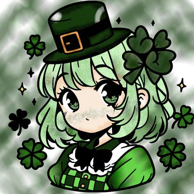 a manga-style girl with clovers around her, a little hat in her hair, like it's saint patrick's day