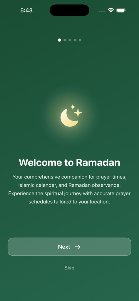 Ramadan 2026 Calendar - Pantalla de bienvenida de la aplicación Calendario Ramadán 2026 con un icono de luna creciente