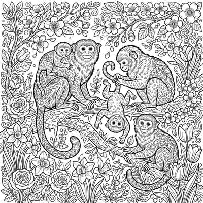 Escape into a world of intricate beauty with this adult coloring page featuring a charming family of tamarins in a lush spring setting. Perfect for moments of mindfulness and creative expression.