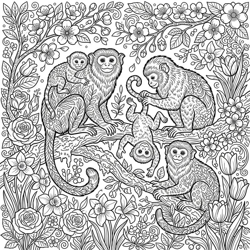 Escape into a world of intricate beauty with this adult coloring page featuring a charming family of tamarins in a lush spring setting. Perfect for moments of mindfulness and creative expression.