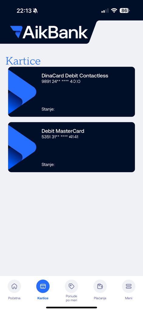 L'interface mobile Aik mBanking affiche la gestion des cartes de débit DinaCard et MasterCard.