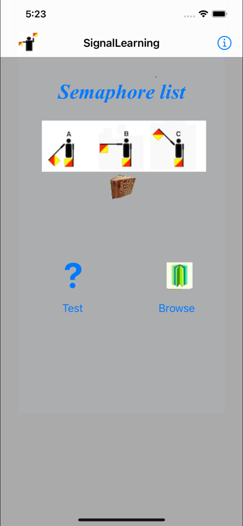 SignalLearning - SignalLearning app home screen showing semaphore alphabet signals and navigation buttons for test and browse.