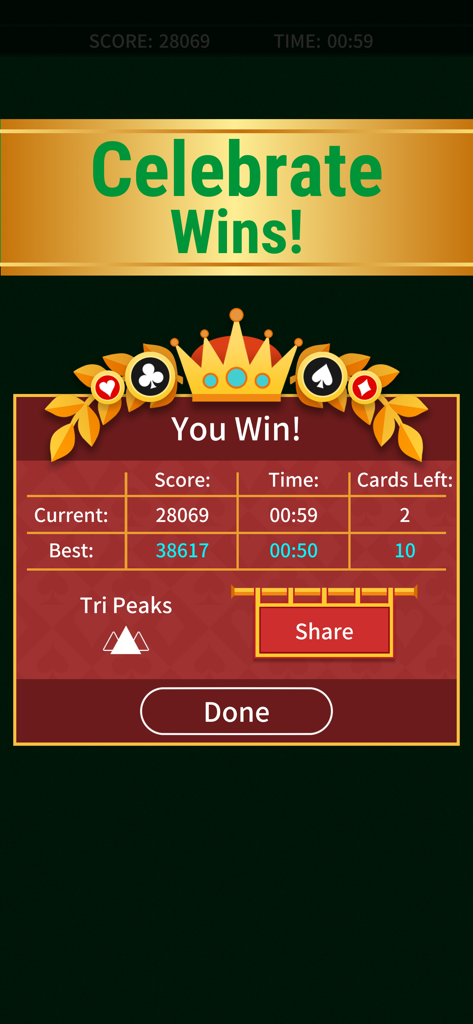Victory screen of TriPeaks Solitaire Classic displaying game statistics and a You Win celebration message